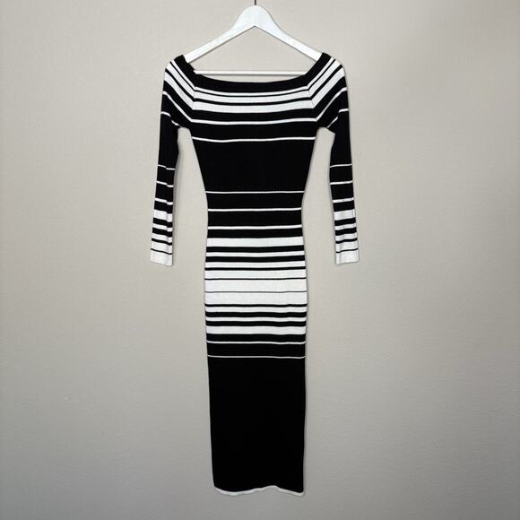 Women’s Off Shoulder Bodycon Sweater Dress Black White Stripe Long Sleeve M - Picture 1 of 11